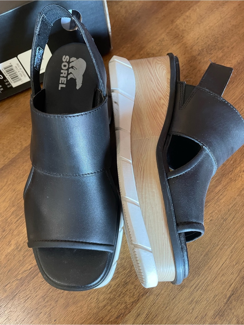 Sorel Black Leather Platform Sandals with Light Wood-Effect Wedge